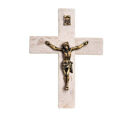 Bethlehem Stone 4.5" Crucifix with Bronze Pewter Corpus