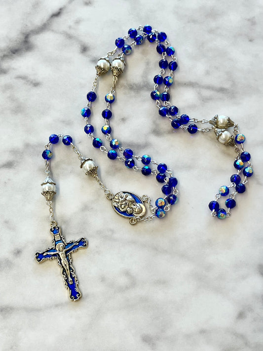 Blue Iridescent 'Sapphire Crystal' with 'Pearl' Madonna and Child Acrylic Rosary