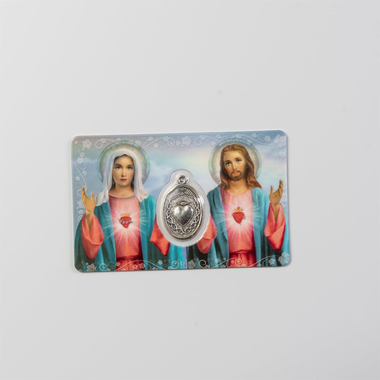 Sacred Hearts of Jesus and Mary Prayer Card with Medal