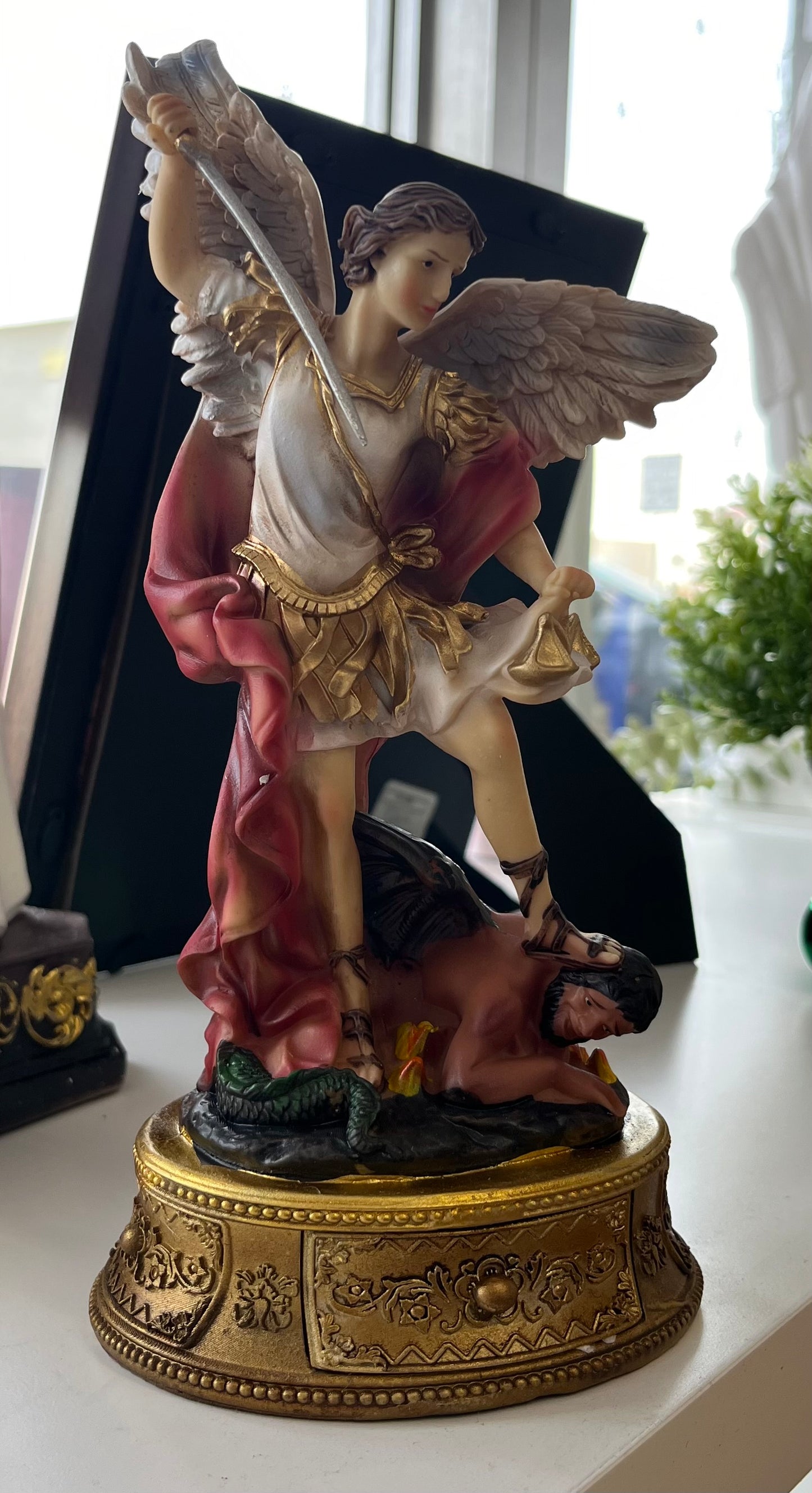 St. Michael Desktop Statue with Hidden Drawer for Prayer Intentions - 10 inches tall