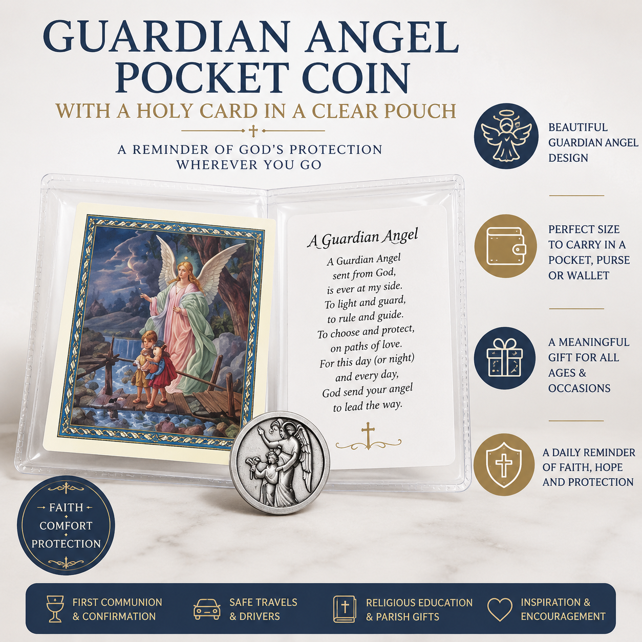 Guardian Angel Pocket Coin with Holy Card in Clear Pouch