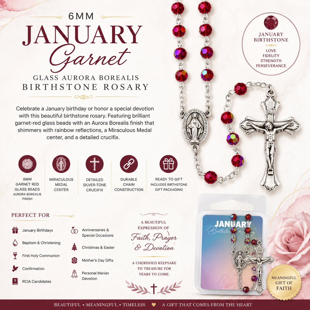 January Garnet Glass Aurora Borealis Birthstone Rosary