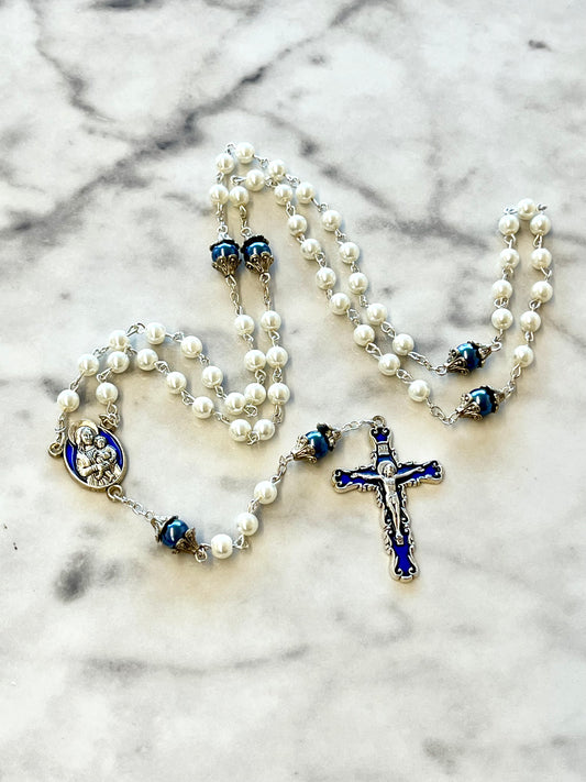 White with Blue 'Pearl' Madonna and Child Acrylic Rosary