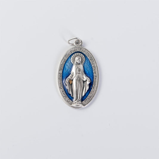 1.5" Traditional Silver Miraculous Medal with Deep Blue Background