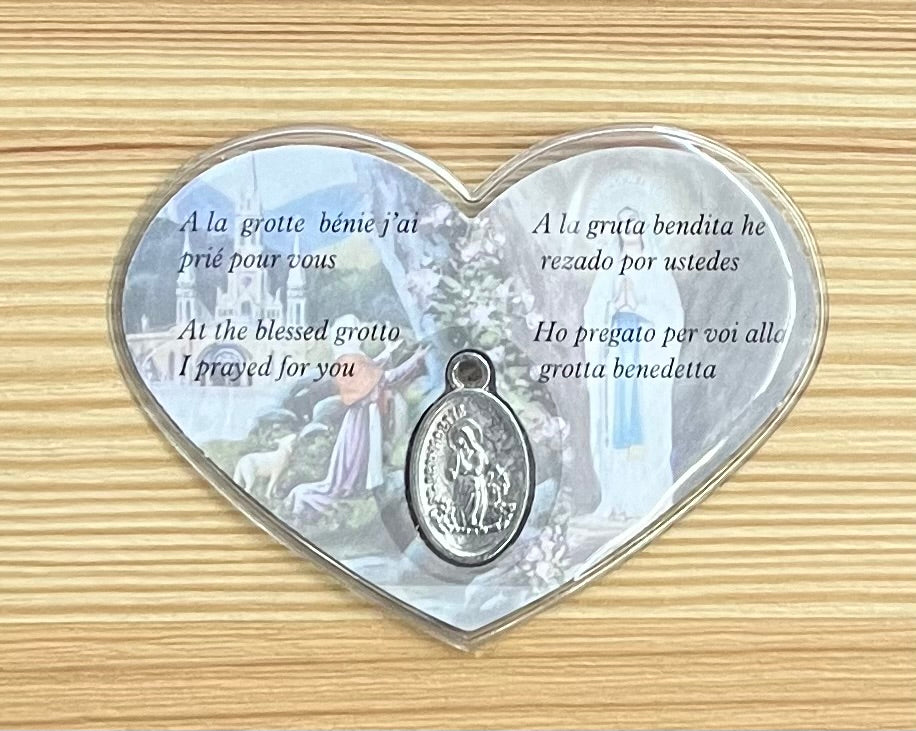 Heart-Shaped Lourdes Prayer Card with Medal – A Loving Token of Faith from Lourdes, France