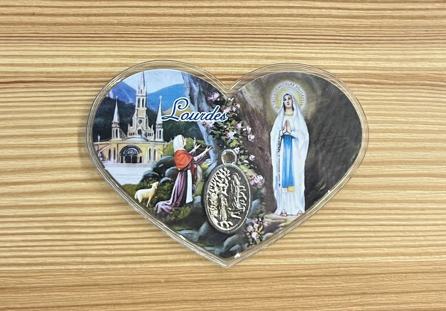 Heart-Shaped Lourdes Prayer Card with Medal – A Loving Token of Faith from Lourdes, France