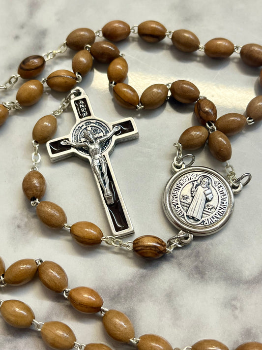 St. Benedict Olive Wood &amp; Brown Enamel Rosary – A Timeless Symbol of Faith and Protection