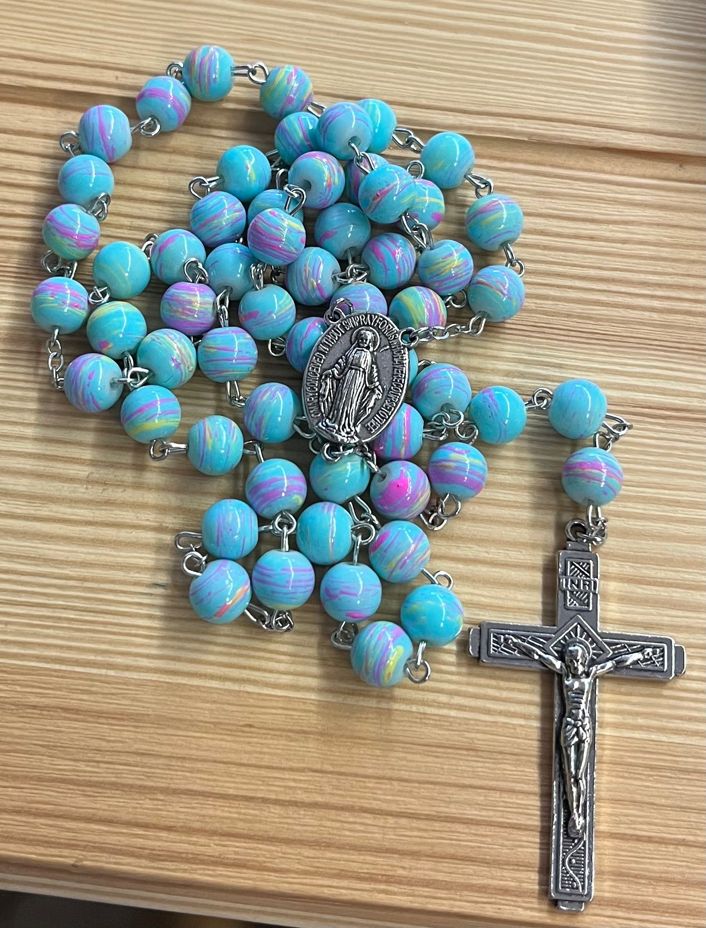 Aqua Swirl Glass Bead Rosary - Handcrafted Italian Design