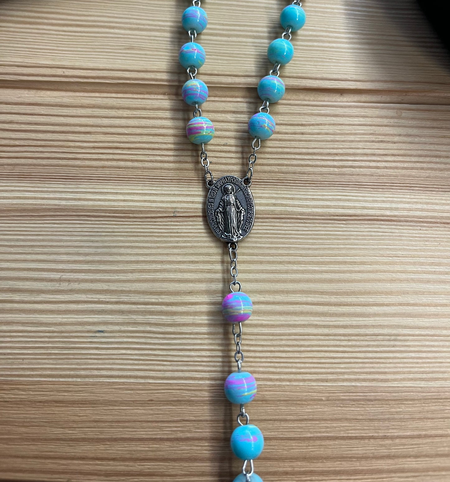 Aqua Swirl Glass Bead Rosary - Handcrafted Italian Design