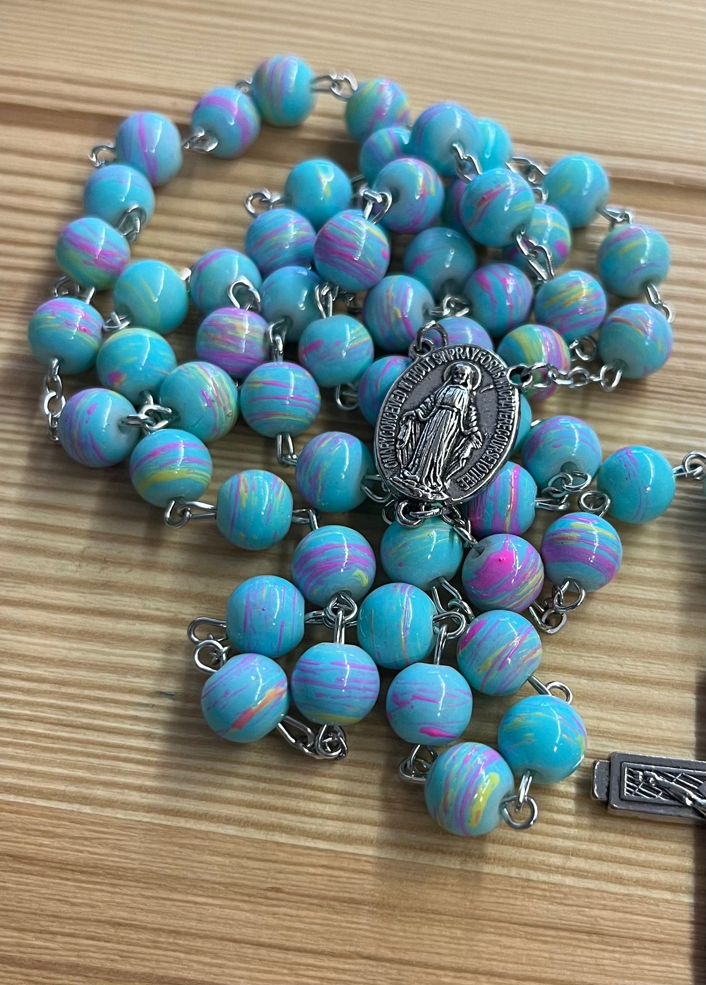 Aqua Swirl Glass Bead Rosary - Handcrafted Italian Design