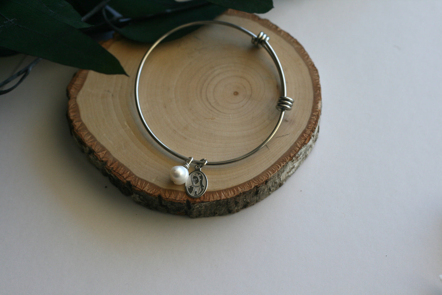Silver Marian Adjustable Bangle with Pearl Bead
