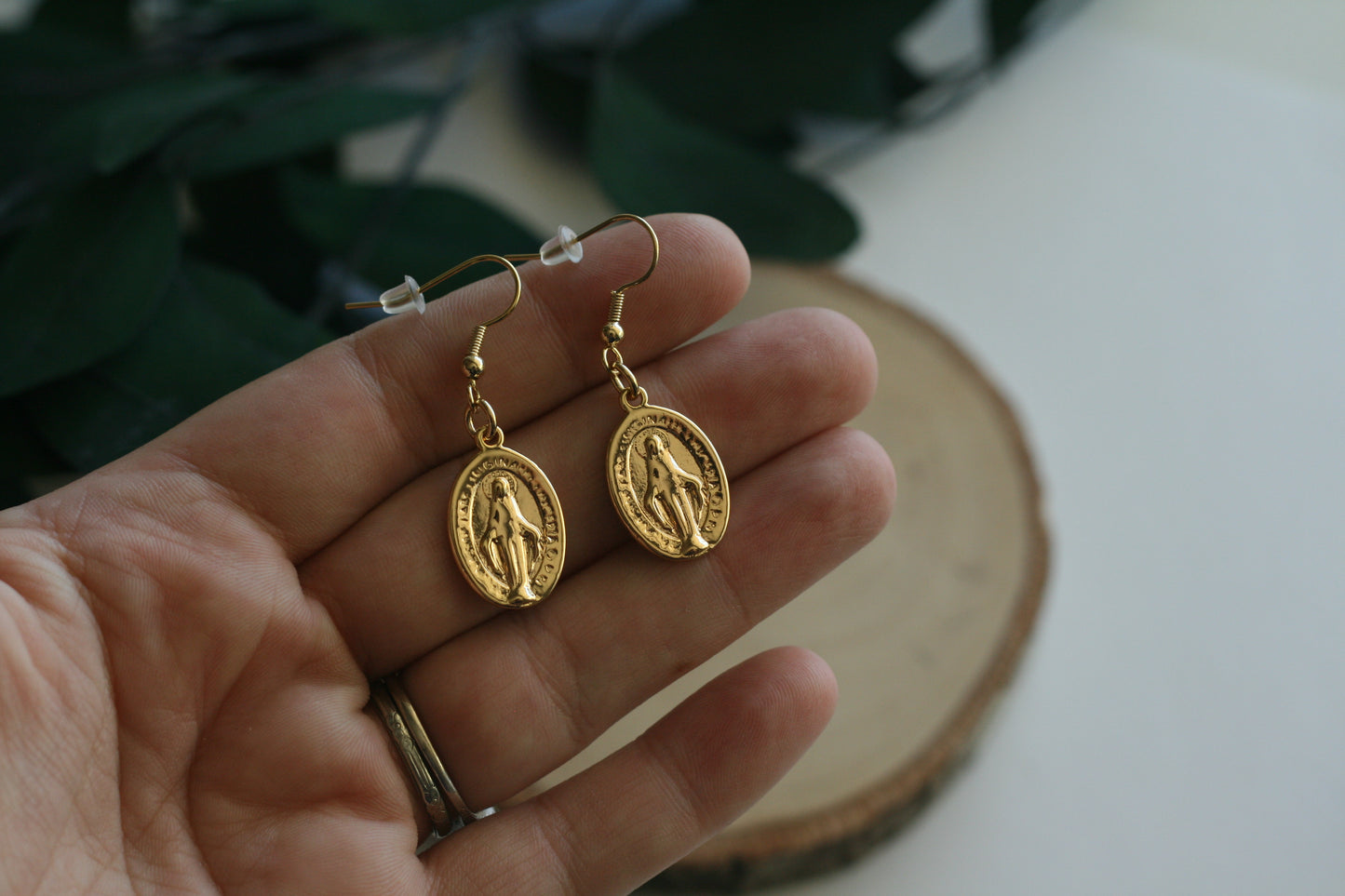 Miraculous Medal Gold Dangle Earrings