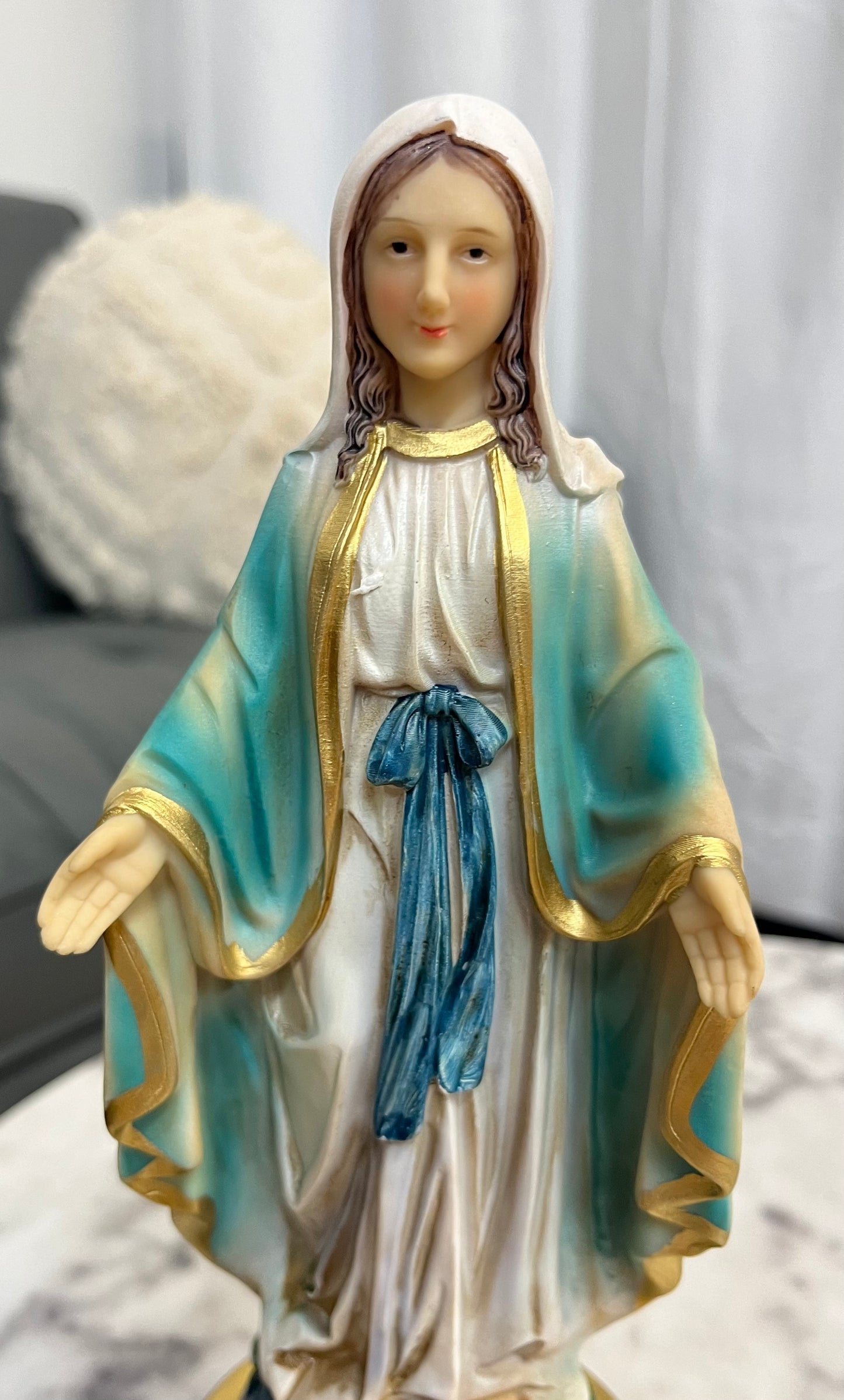 Our Lady of Grace Desktop Statue with Hidden Drawer for Prayer Intentions - 9 and 1/2 inches tall