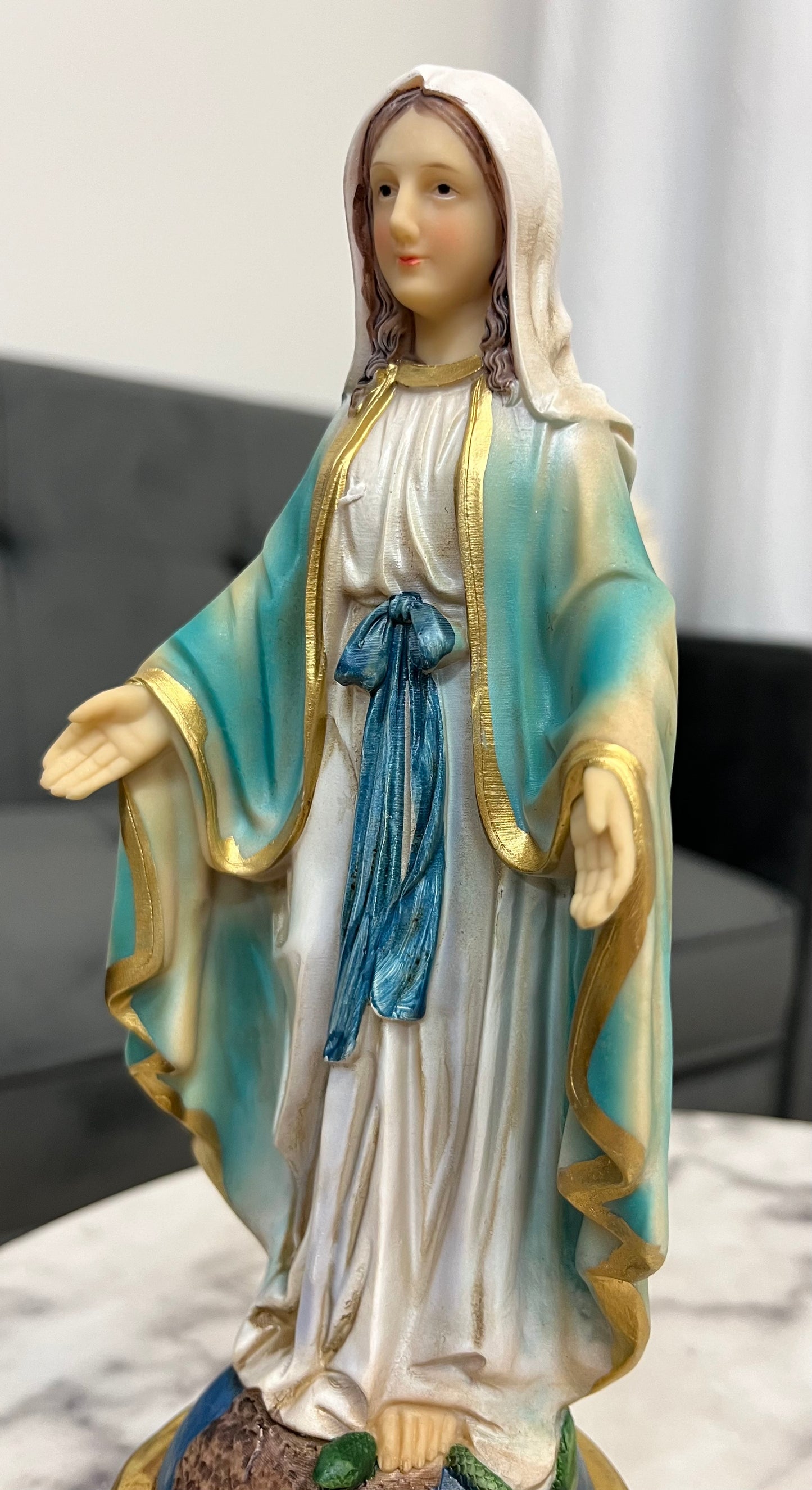 Our Lady of Grace Desktop Statue with Hidden Drawer for Prayer Intentions - 9 and 1/2 inches tall