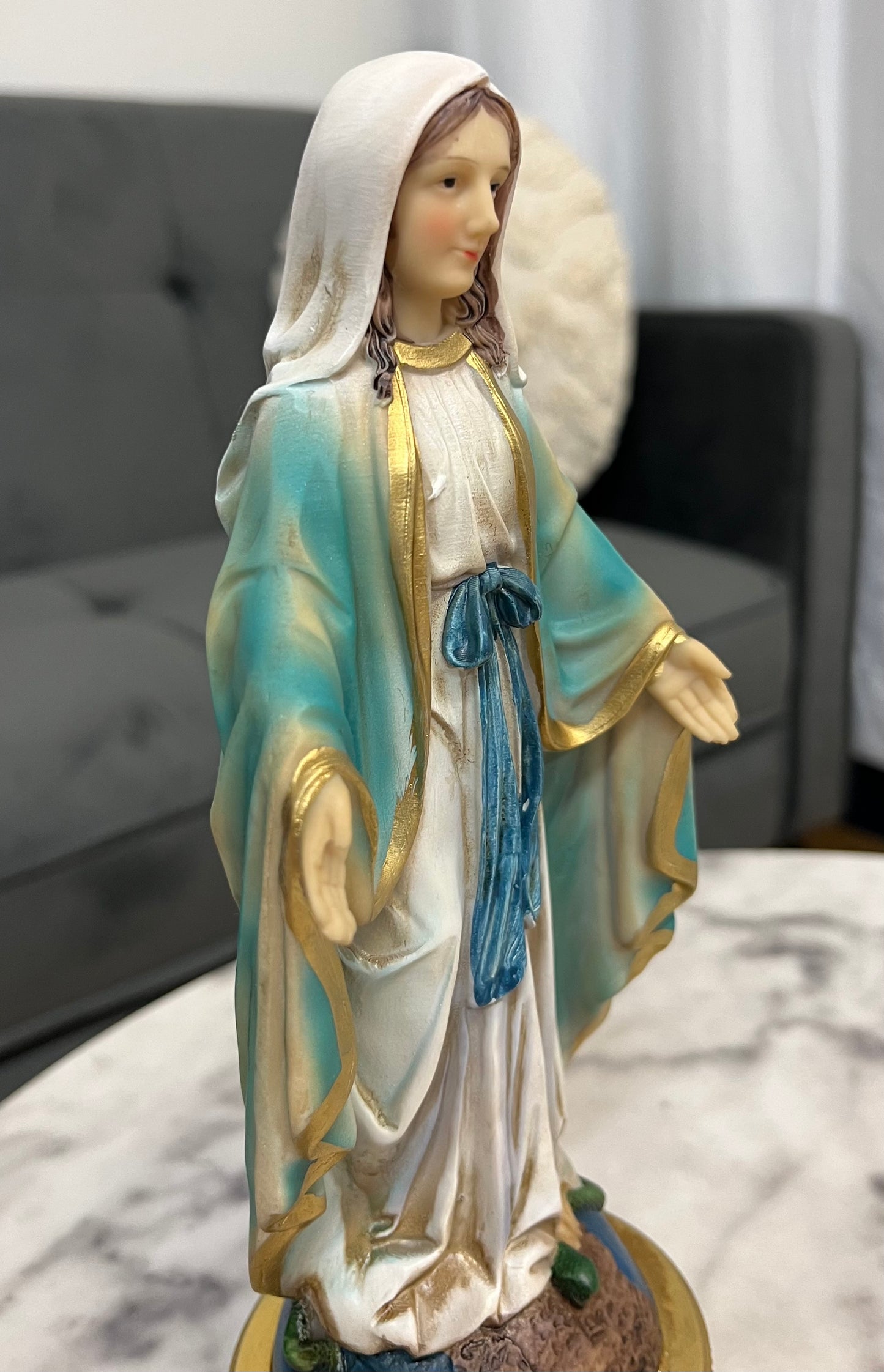 Our Lady of Grace Desktop Statue with Hidden Drawer for Prayer Intentions - 9 and 1/2 inches tall