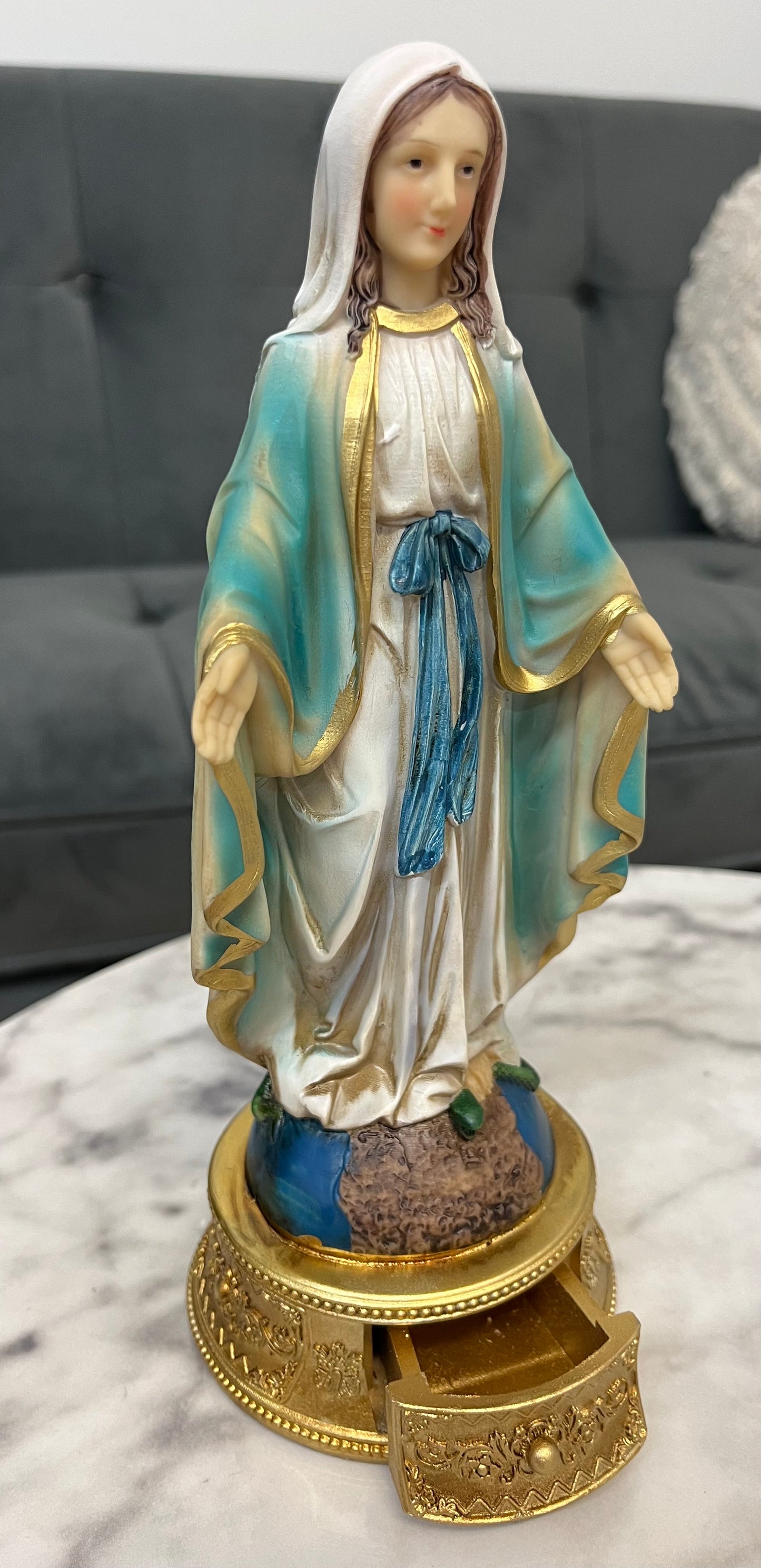 Our Lady of Grace Desktop Statue with Hidden Drawer for Prayer Intentions - 9 and 1/2 inches tall