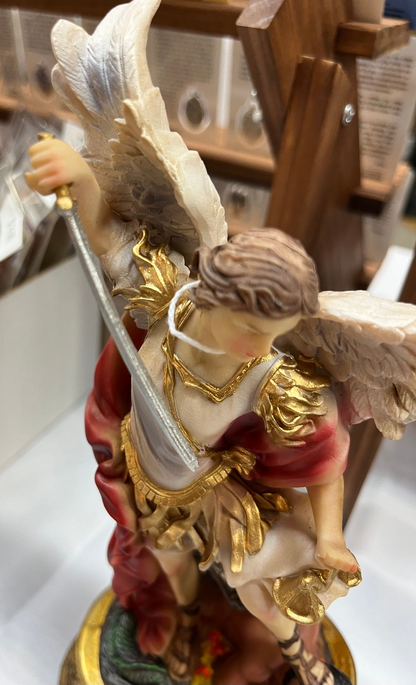 St. Michael Desktop Statue with Hidden Drawer for Prayer Intentions - 10 inches tall