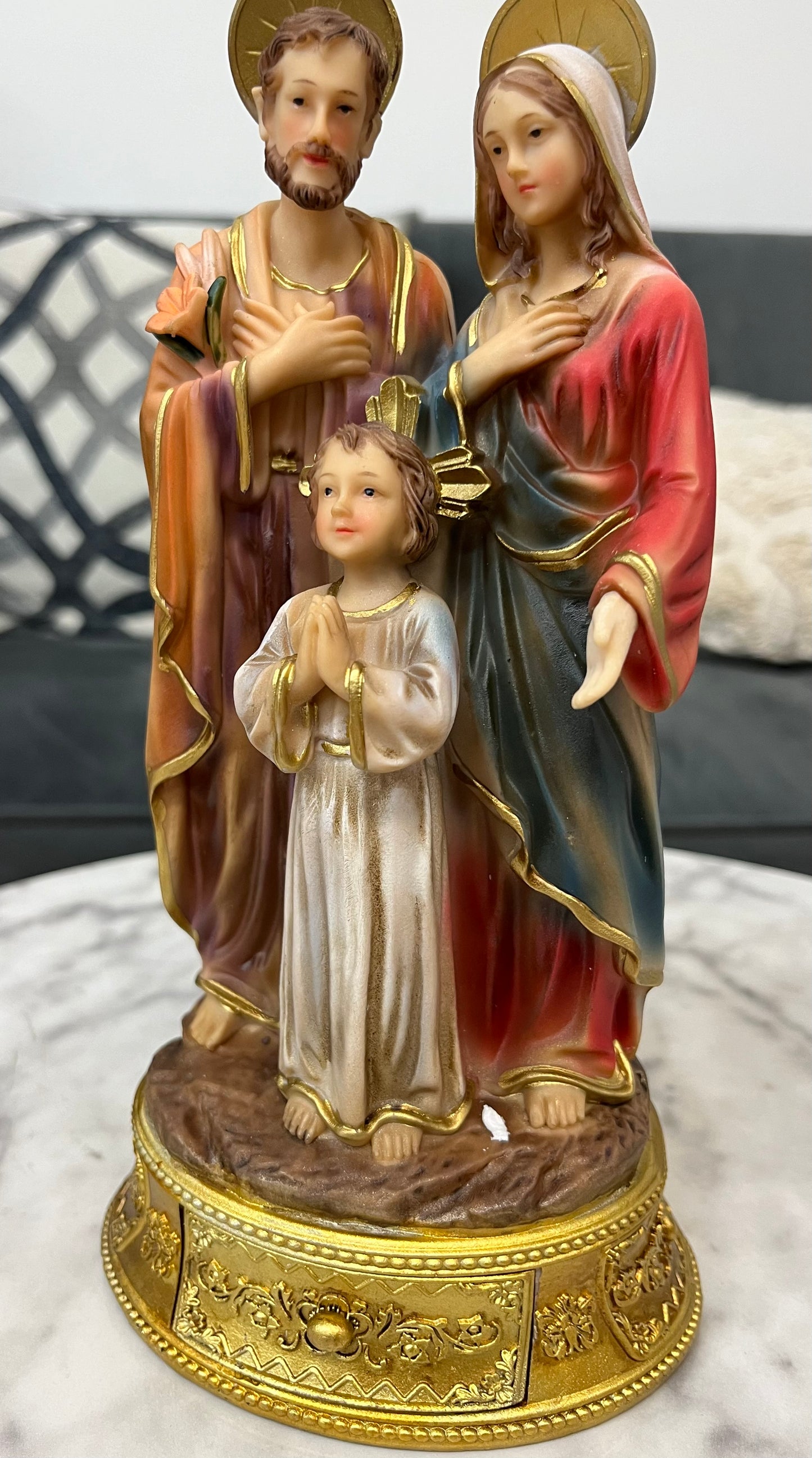 Holy Family Desktop Statue with Hidden Drawer For Prayer Intentions - 9 and 1/2 inches tall