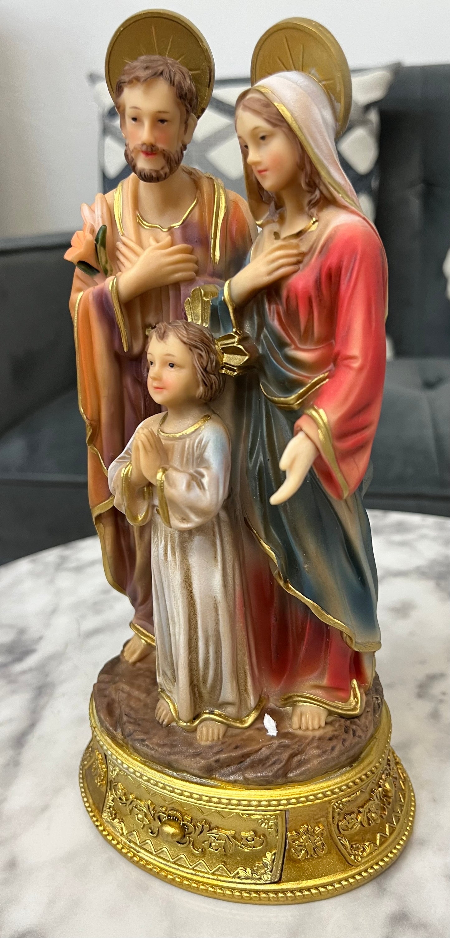 Holy Family Desktop Statue with Hidden Drawer For Prayer Intentions - 9 and 1/2 inches tall