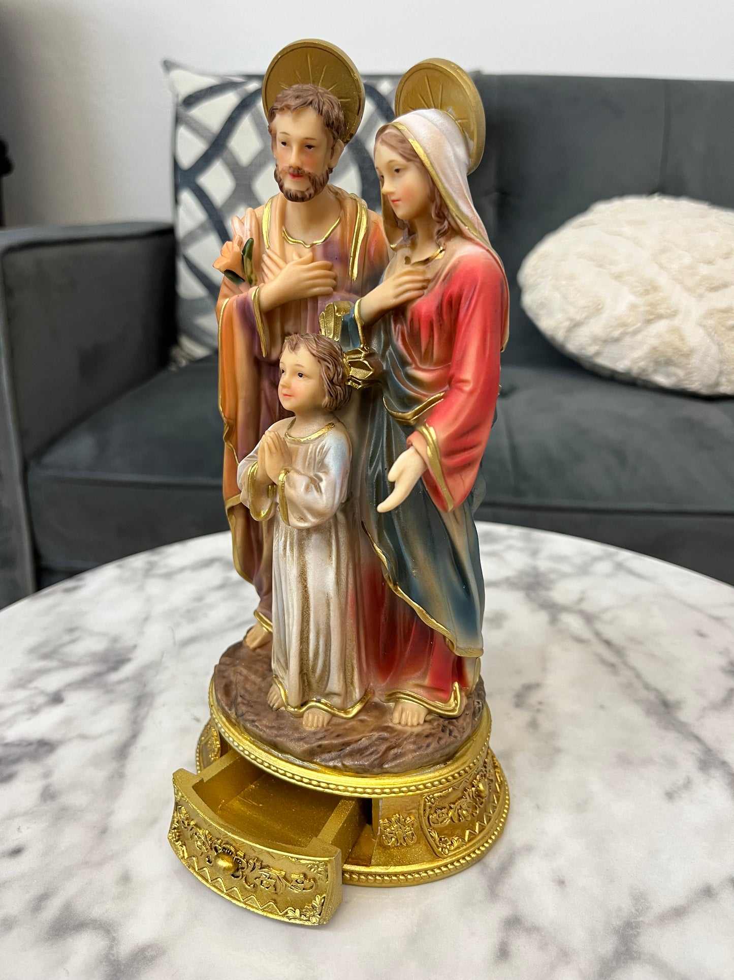 Holy Family Desktop Statue with Hidden Drawer For Prayer Intentions - 9 and 1/2 inches tall