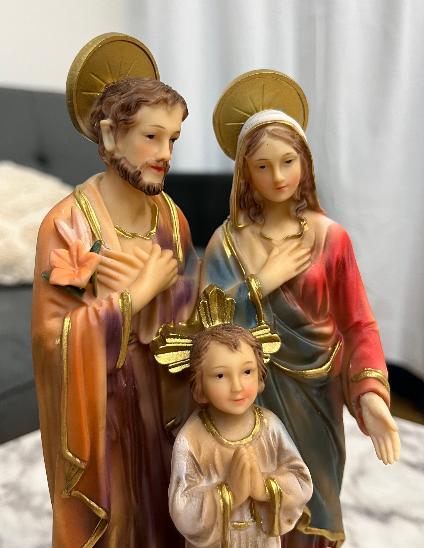 Holy Family Desktop Statue with Hidden Drawer For Prayer Intentions - 9 and 1/2 inches tall