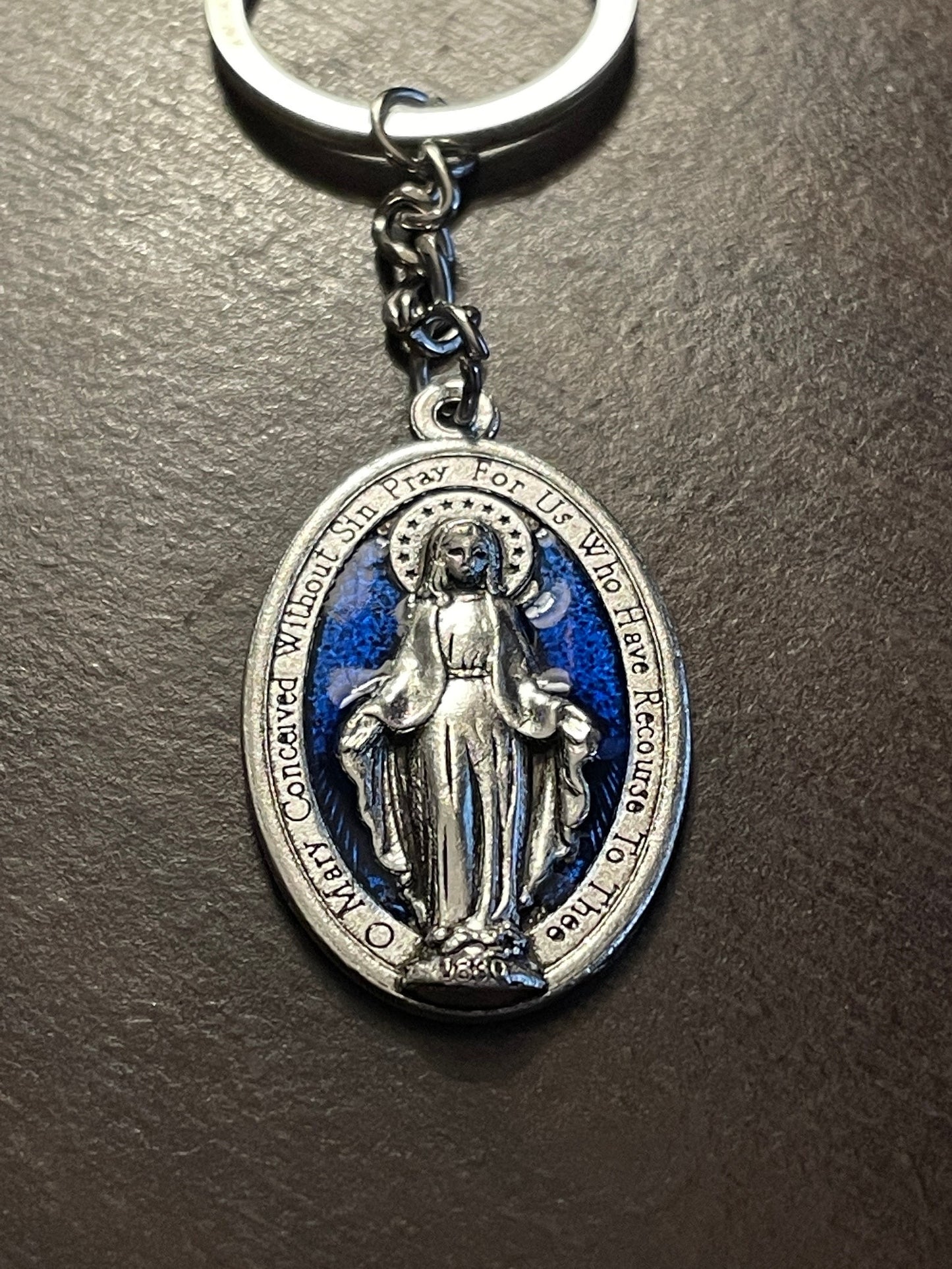 Silver and Blue Enamel Miraculous Medal Keychain – A Stylish Reminder of Faith