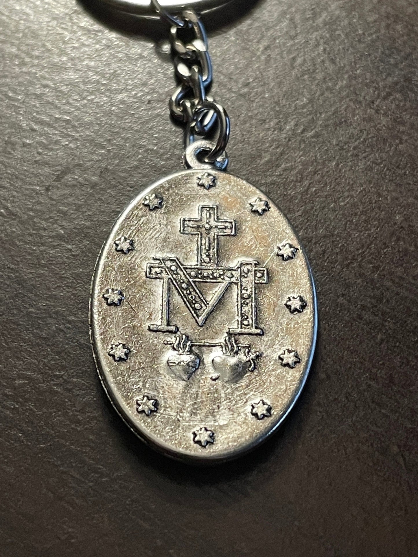 Silver and Blue Enamel Miraculous Medal Keychain – A Stylish Reminder of Faith