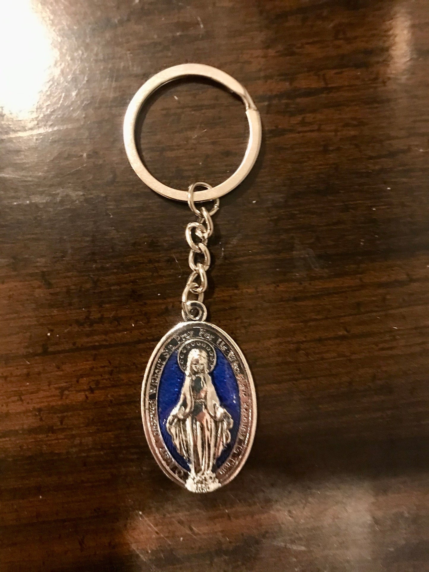 Silver and Blue Enamel Miraculous Medal Keychain – A Stylish Reminder of Faith