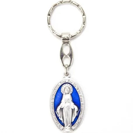 Silver and Blue Enamel Miraculous Medal Keychain – A Stylish Reminder of Faith