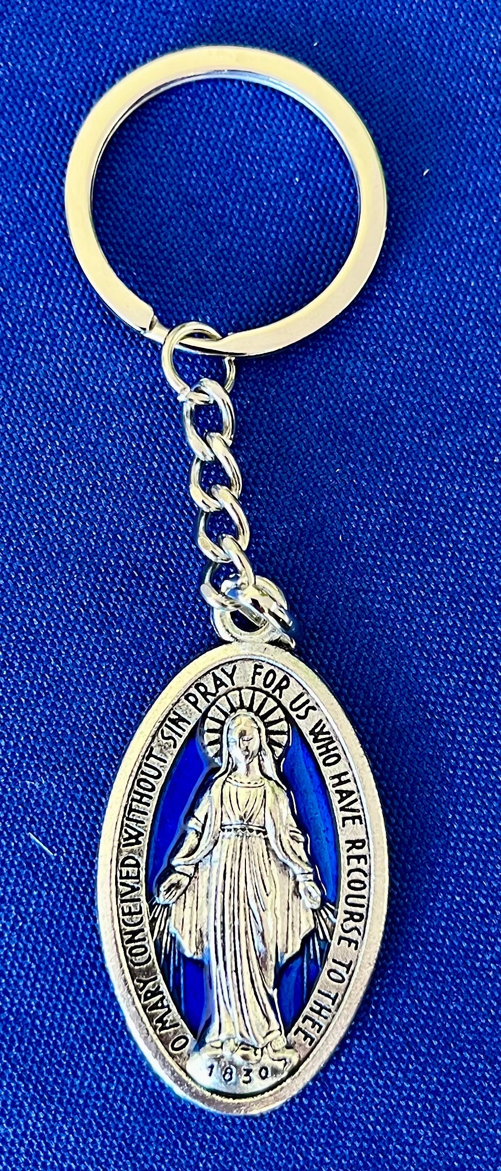 Silver and Blue Enamel Miraculous Medal Keychain – A Stylish Reminder of Faith