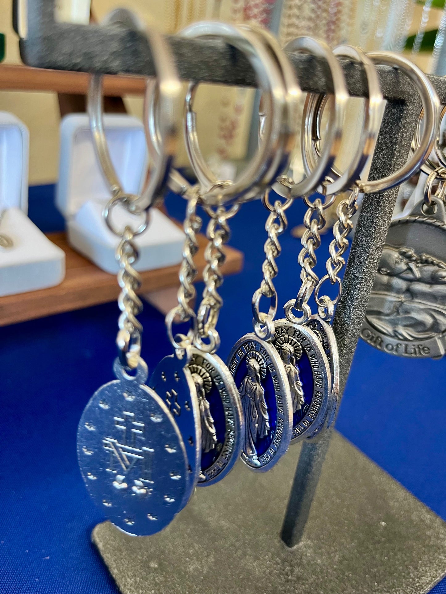 Silver and Blue Enamel Miraculous Medal Keychain – A Stylish Reminder of Faith