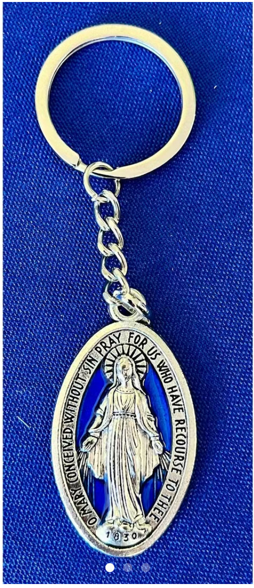 Silver and Blue Enamel Miraculous Medal Keychain – A Stylish Reminder of Faith