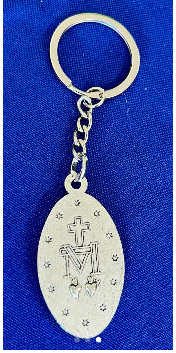 Silver and Blue Enamel Miraculous Medal Keychain – A Stylish Reminder of Faith