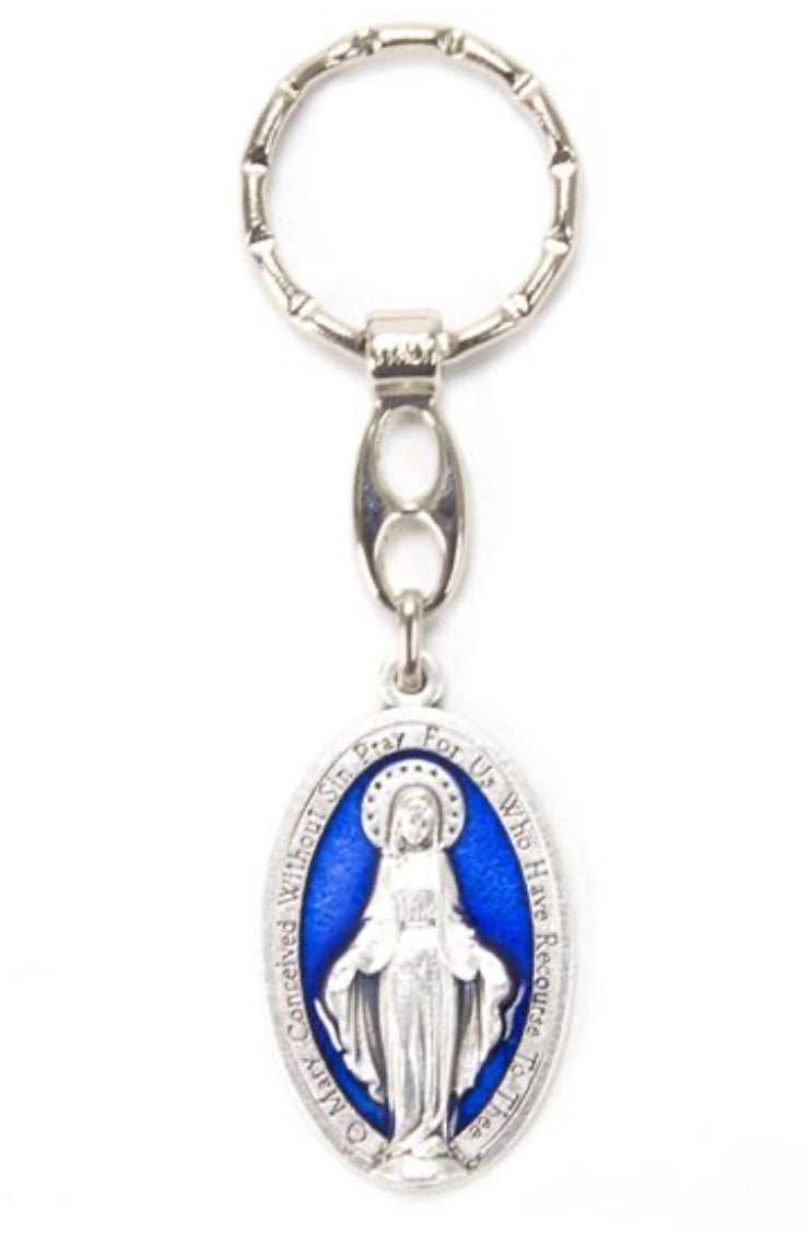 Silver and Blue Enamel Miraculous Medal Keychain – A Stylish Reminder of Faith