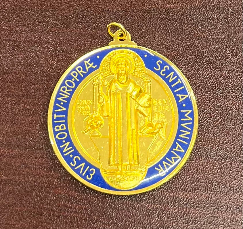 1-3/4" St. Benedict Enameled Gold Medal – Vibrant Red & Blue Design