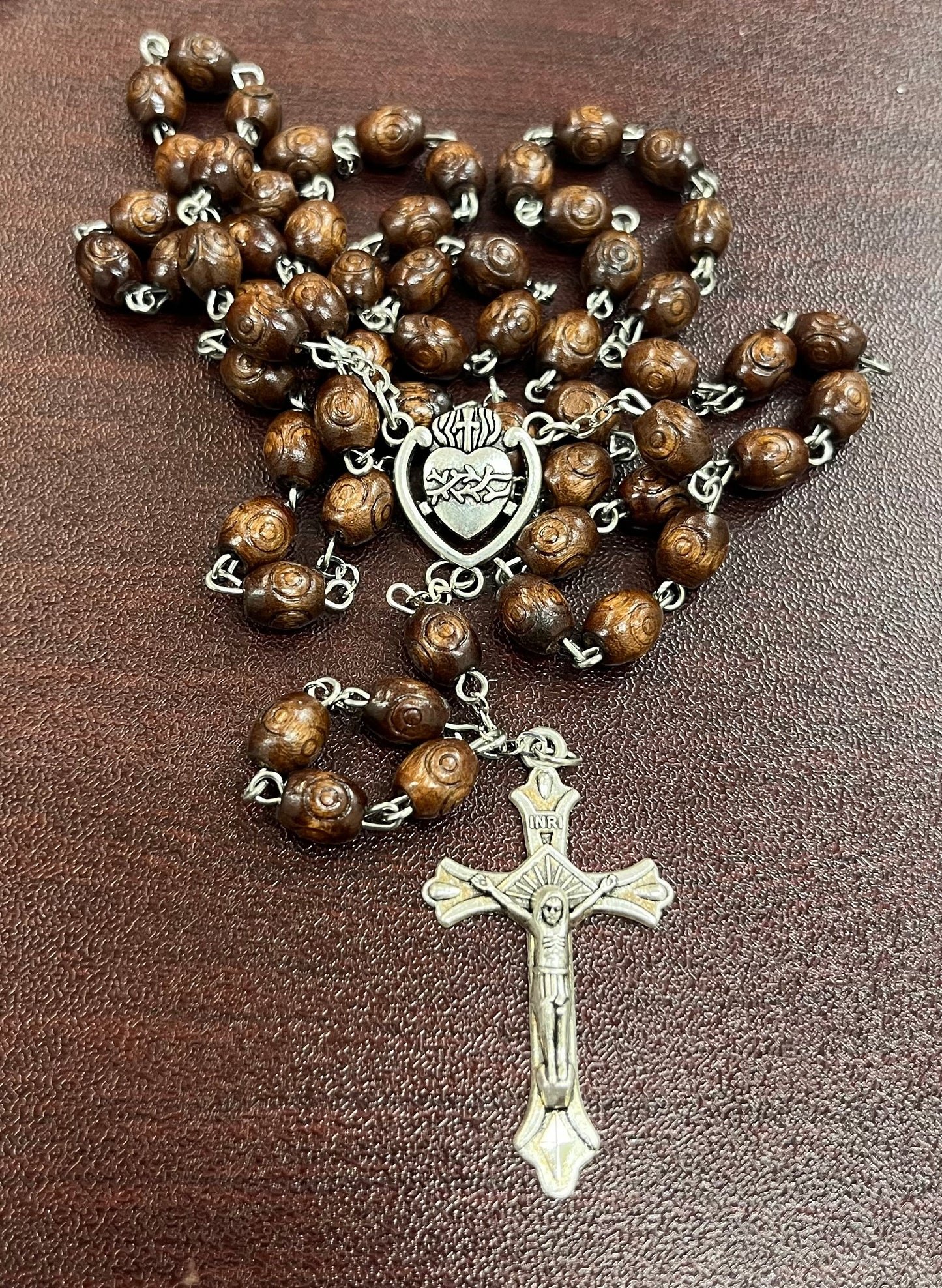 Sacrificial Heart of Jesus Rosary – Carved Oval Brown Wood Beads