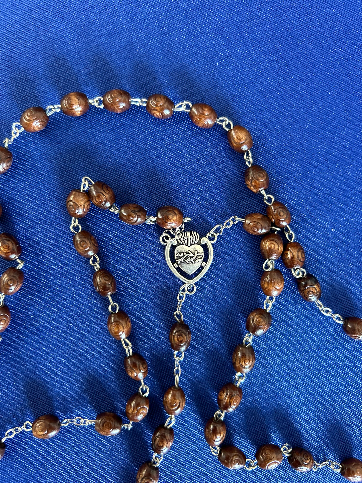 Sacrificial Heart of Jesus Rosary – Carved Oval Brown Wood Beads