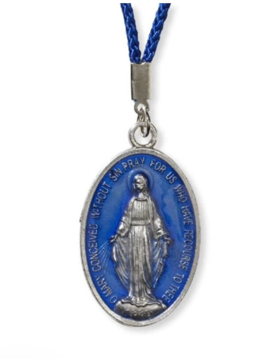 Blessed Mother Miraculous Medal with Deep Blue Background and Matching Cord – A Beautiful Symbol of Devotion