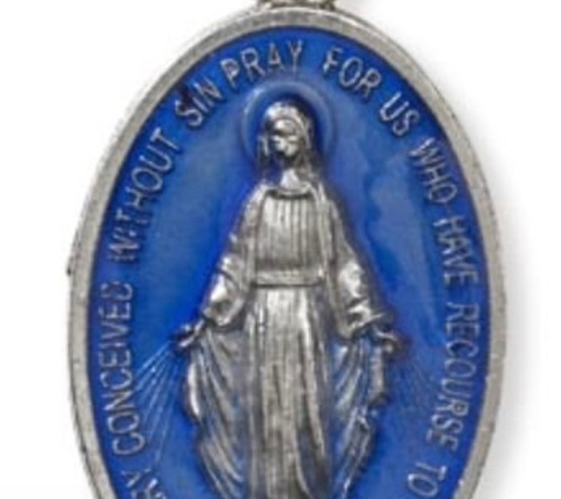 Blessed Mother Miraculous Medal with Deep Blue Background and Matching Cord – A Beautiful Symbol of Devotion