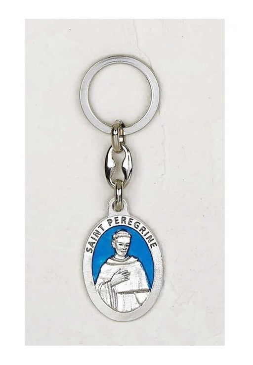 Saint Peregrine Oval Enameled Keychain with Blue Background