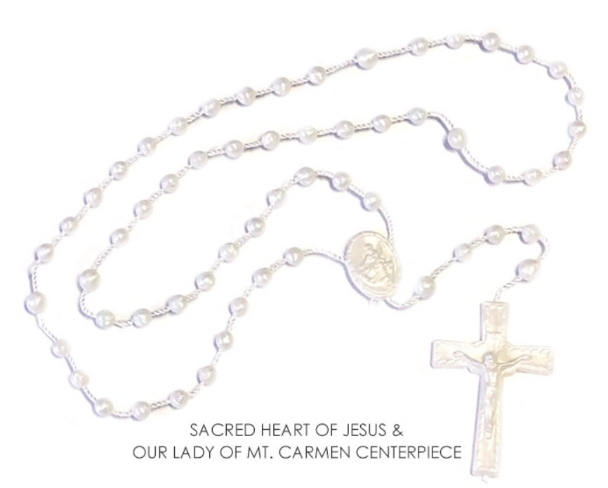 White Pearlescent Plastic String Rosary with 5mm Beads – 16"