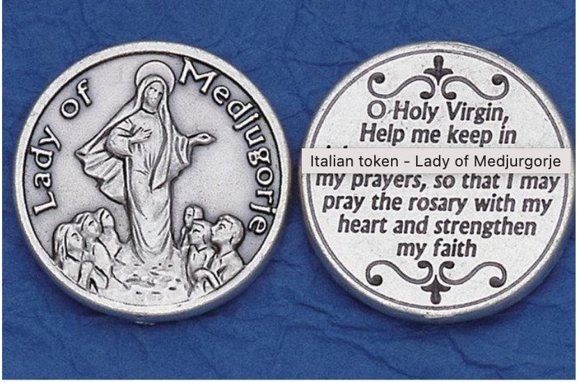 'Our Lady Of Medjugorje' Pocket Charm & Lapel Pin Set - Glass Cabochon, Pewter Bezel