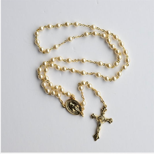 Miraculous Medal Rosary with Cream-colored Beads and Gold-Colored Chain