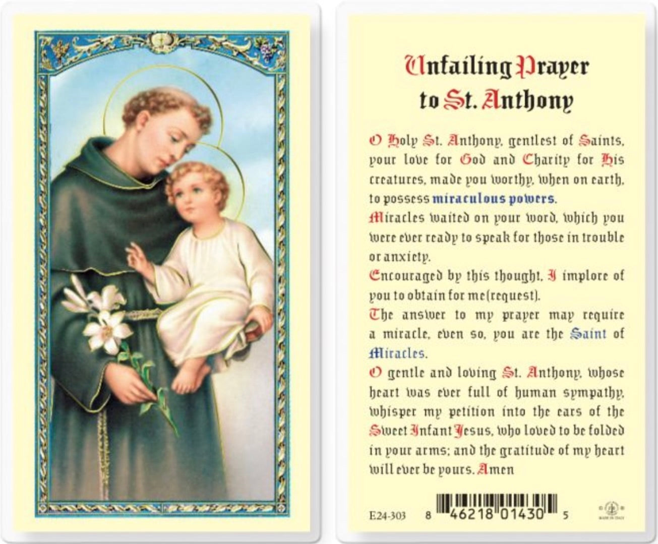 Saint Anthony of Unfailing Prayer Holy Card