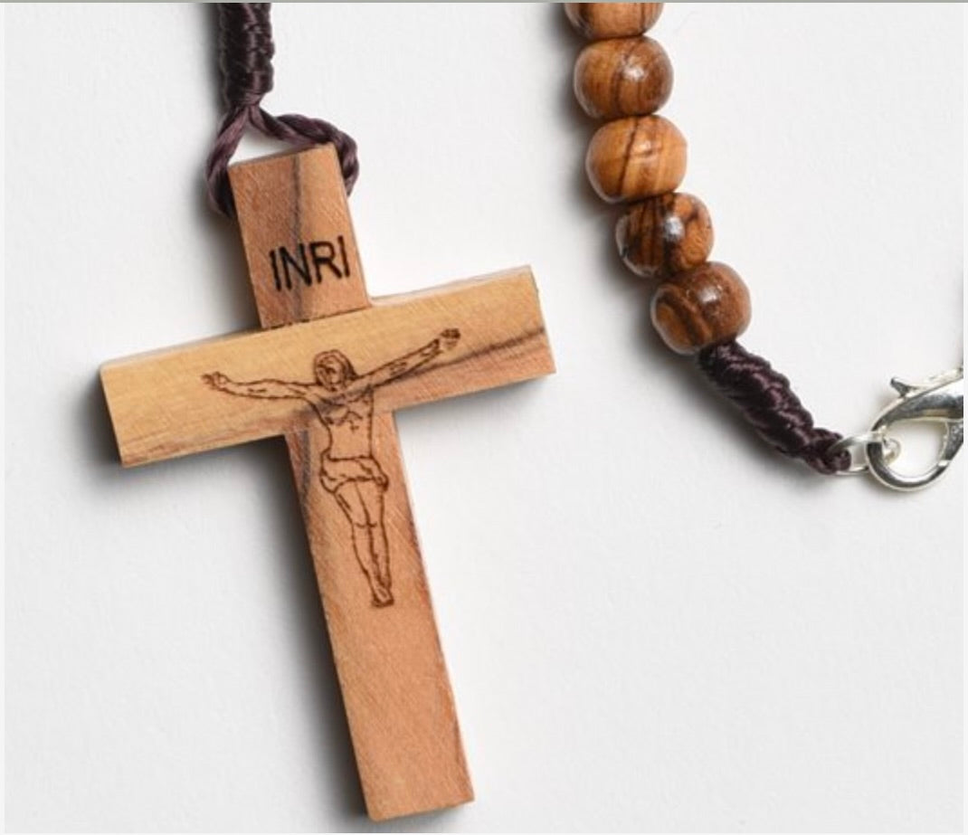 Rosary Pendant made of Olive Wood from the Holy Land with rugged Corded String