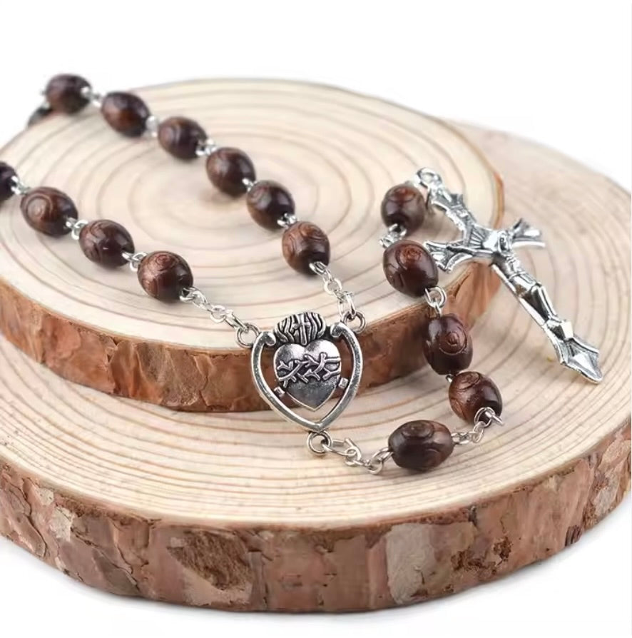 Sacrificial Heart of Jesus Rosary – Carved Oval Brown Wood Beads