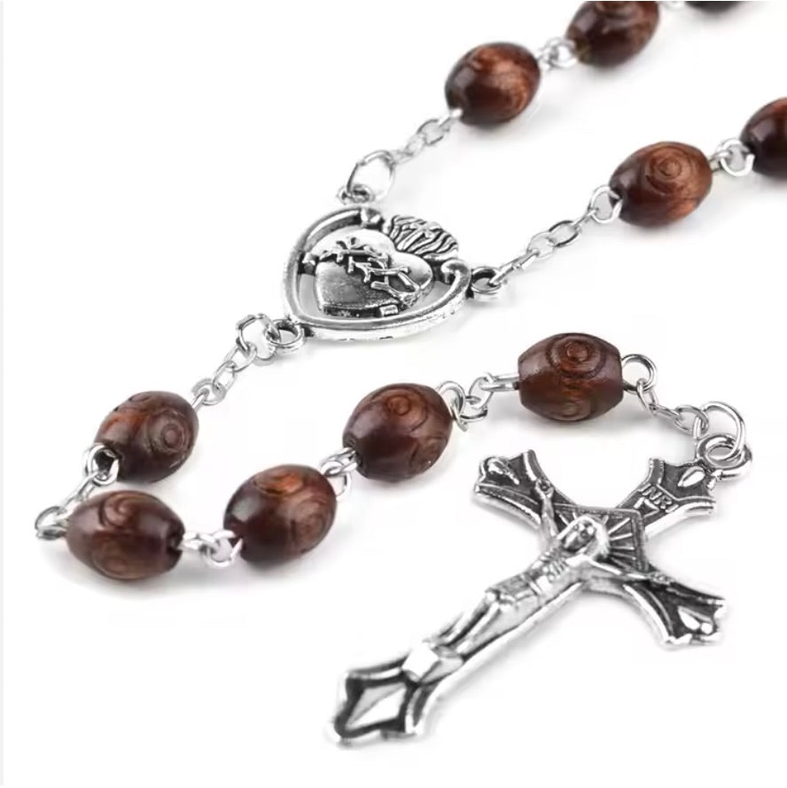 Sacrificial Heart of Jesus Rosary – Carved Oval Brown Wood Beads