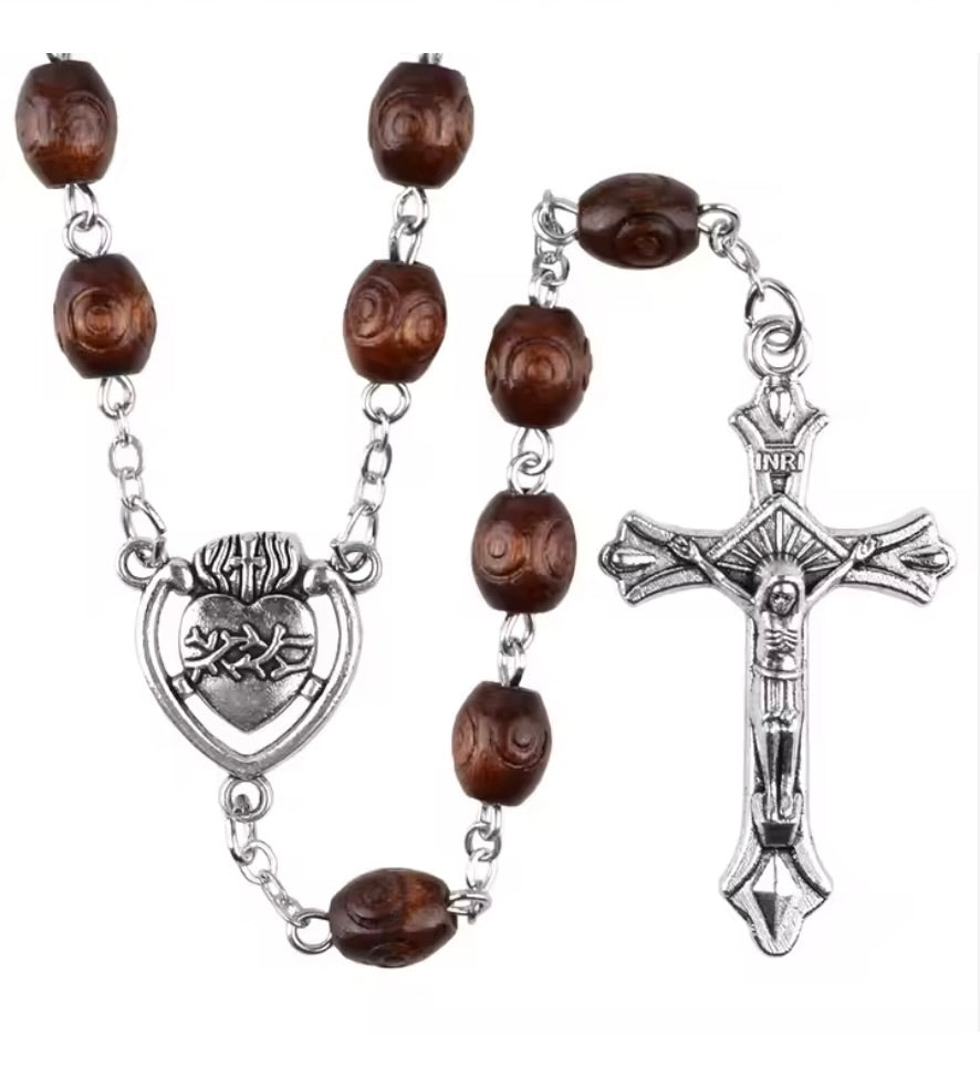 Sacrificial Heart of Jesus Rosary – Carved Oval Brown Wood Beads