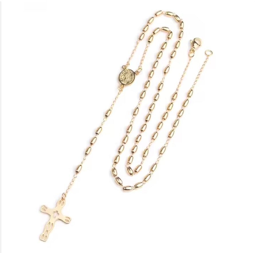 Gold Plated Rosary – Oval Beads with Miraculous Medal Center