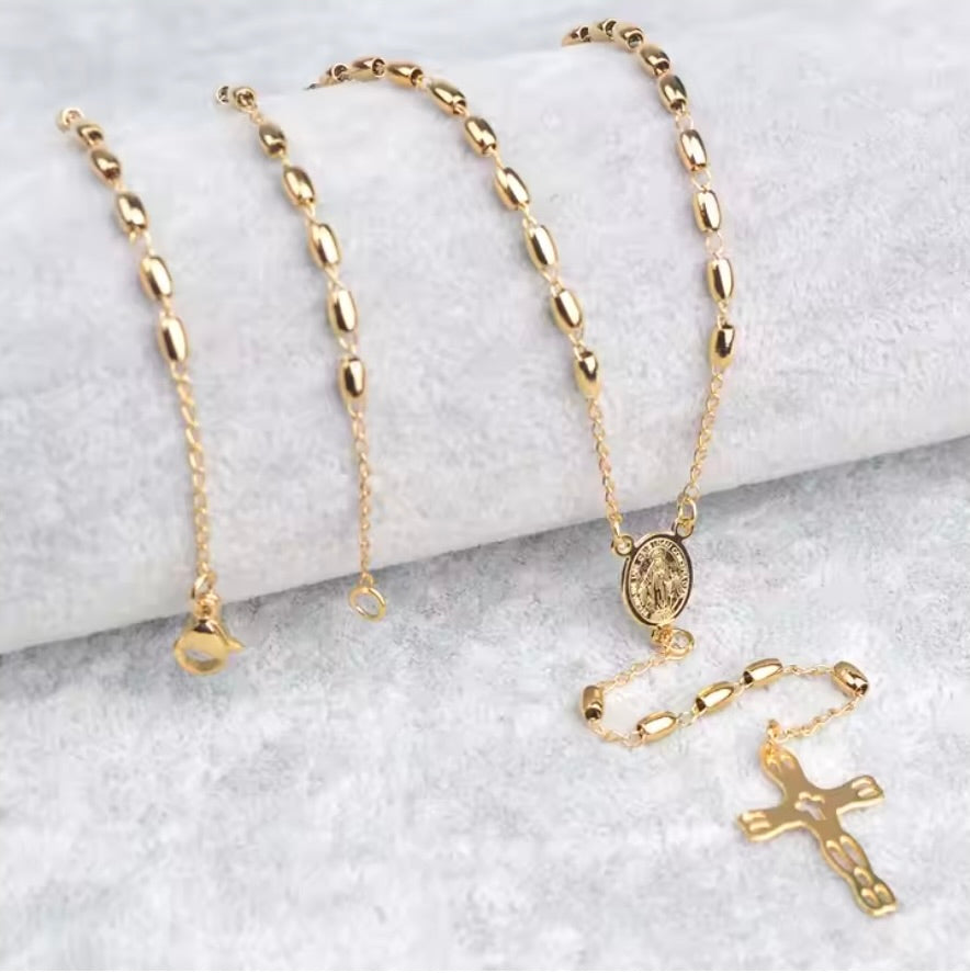 Gold Plated Rosary – Oval Beads with Miraculous Medal Center